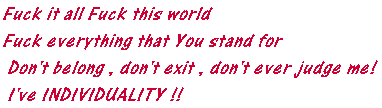 Fuck it all Fuck this world Fuck everything that You stand for  Don't belong , don't exit , don't ever judge me!  I've INDIVUDUALITY !! 